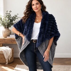 Metric Knits Rabbit Fur & Wool Cable Knit Sweater Shawl Wrap Size M/L